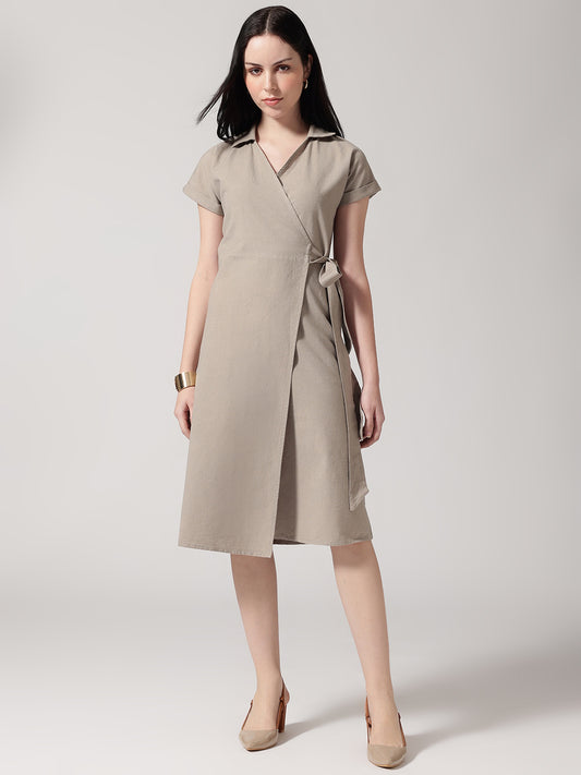 Brown Solid Wrap Dress