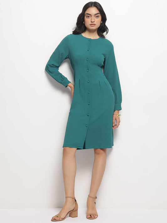 Teal Vintage A-line Buttons O-Neck Dress
