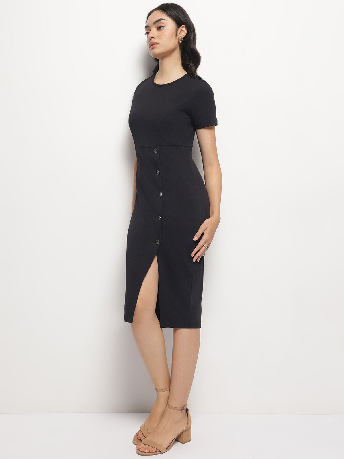 Black Front Slit Bodycon Dress