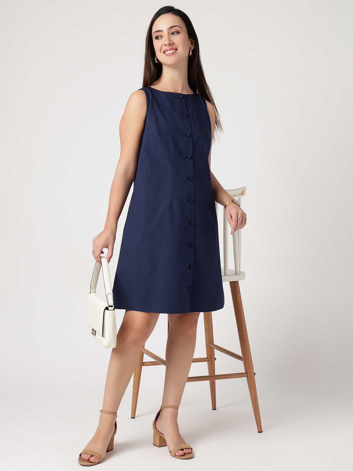 Serene 100% Cotton Navy Buttoned Dress