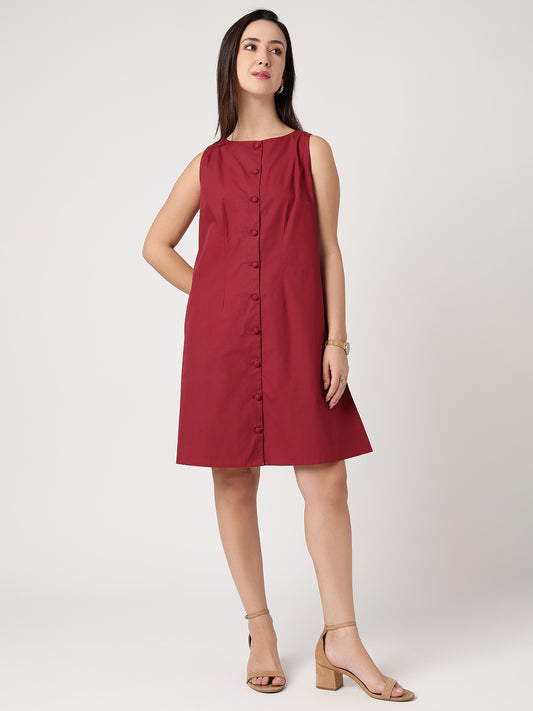Serene 100% Cotton Maroon Buttoned Dress