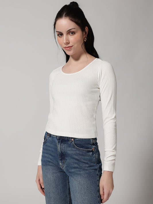 White Solid Ribbed T-Shirt