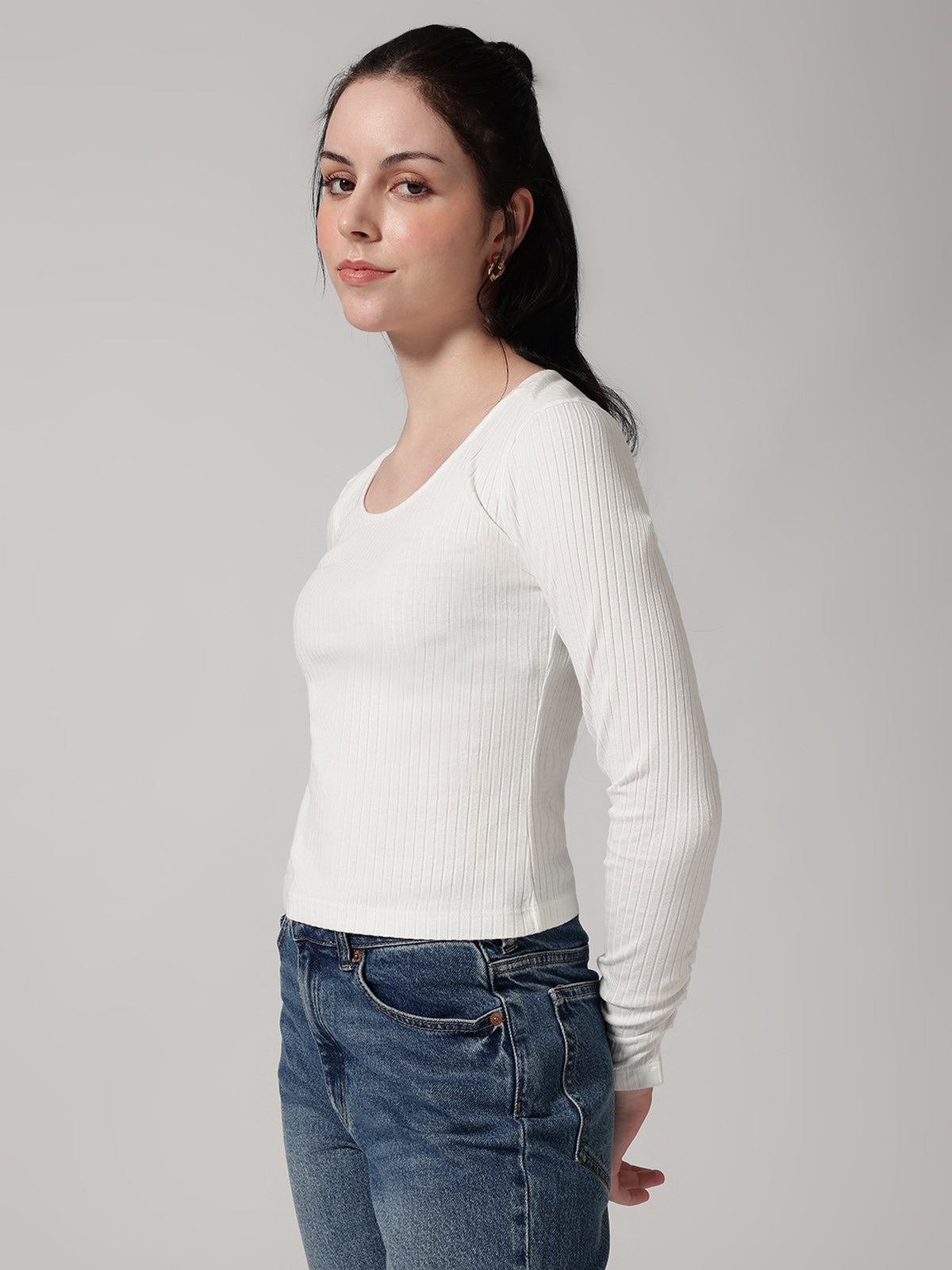 White Solid Ribbed T-Shirt