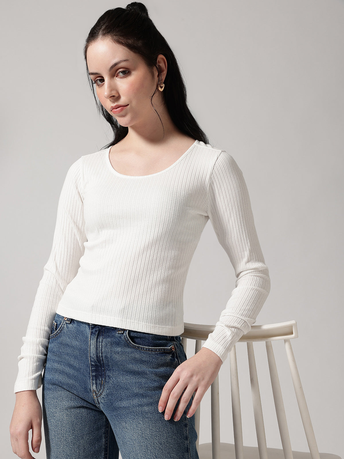 White Solid Ribbed T-Shirt