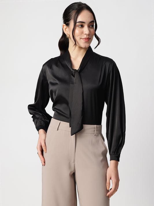 Black Tie-Up Neck Satin Regular Fit Top