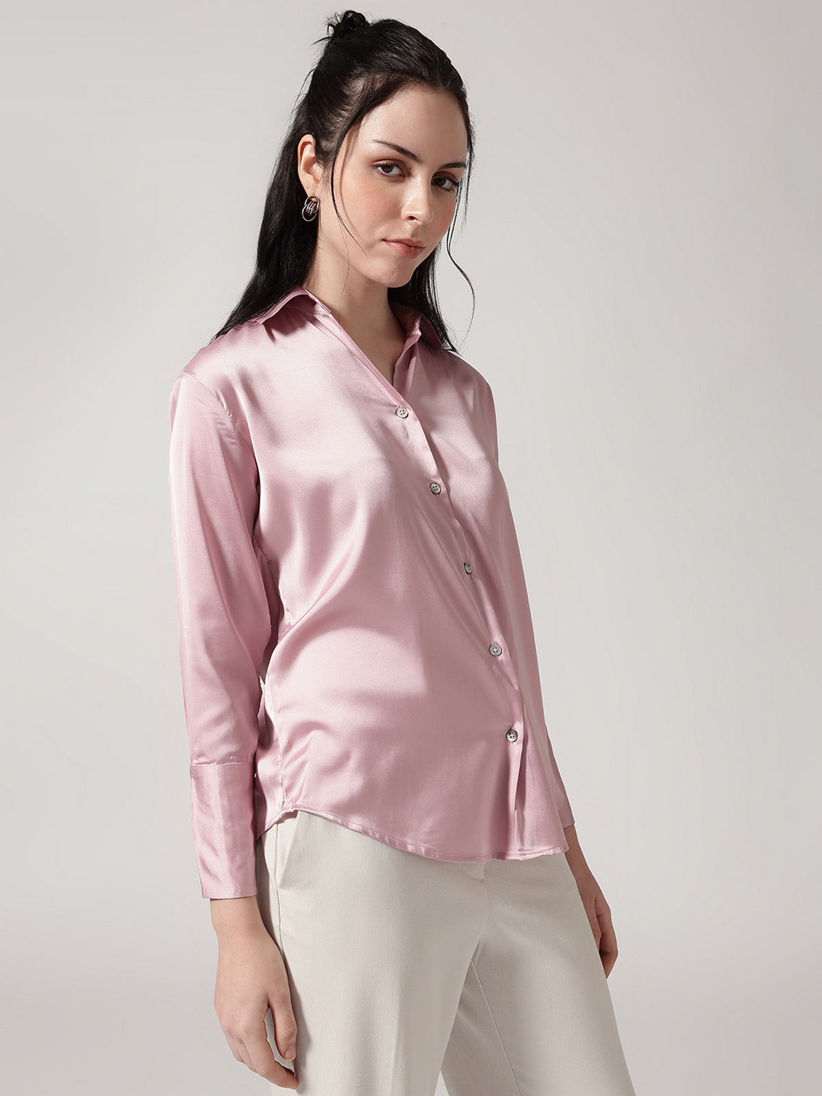 Pink Satin Spread Collar Shirt