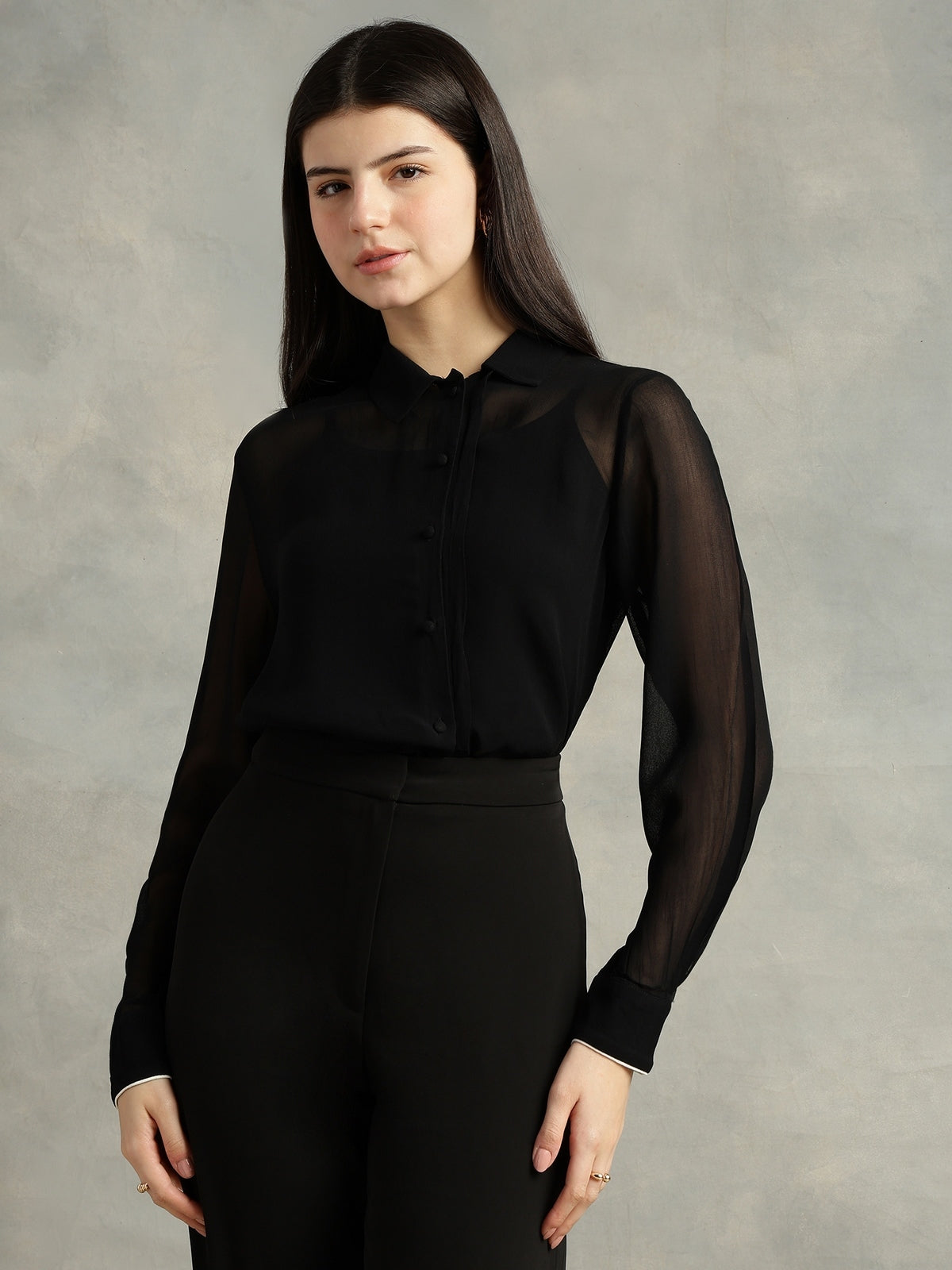 Black Georgette Spread Collar  Shirt
