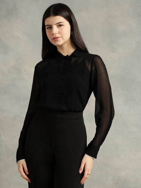 Black Georgette Spread Collar  Shirt