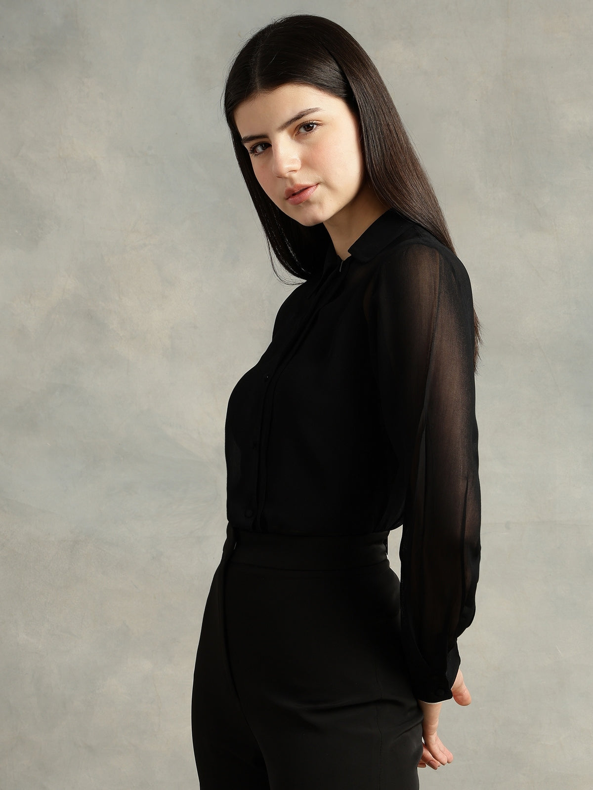 Black Georgette Spread Collar  Shirt