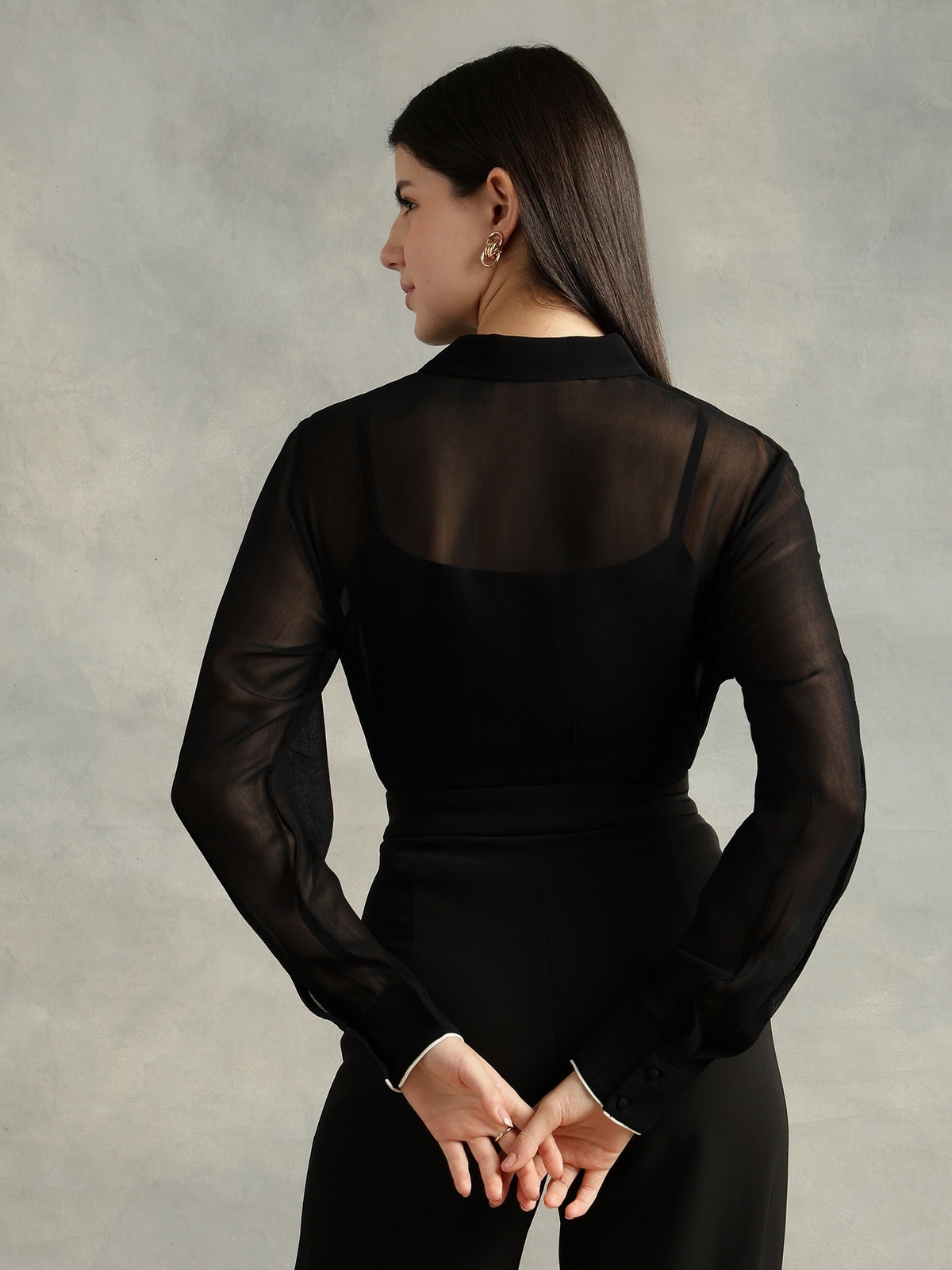 Black Georgette Spread Collar  Shirt