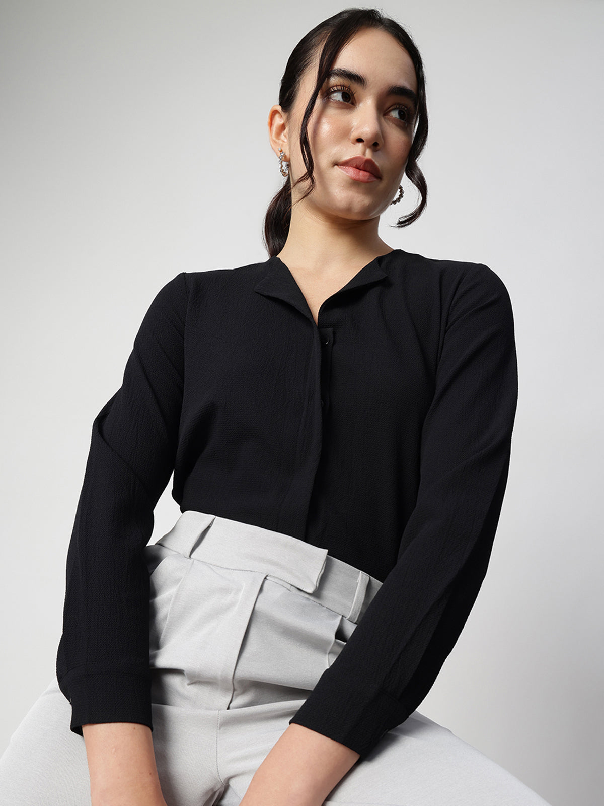 Black Crepe Cuban Collar Shirt