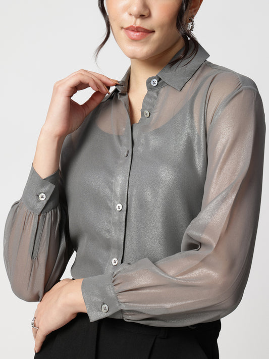 Grey Georgette Spread Collar Shirt