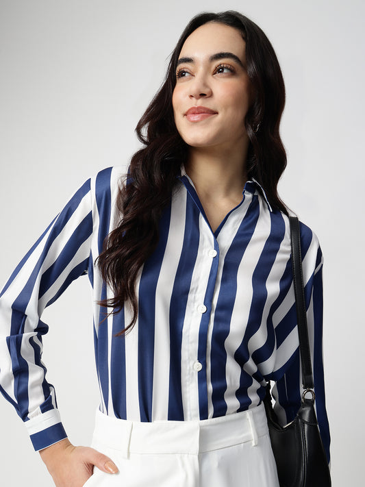 Blue Stripe Satin Spread Collar Shirt