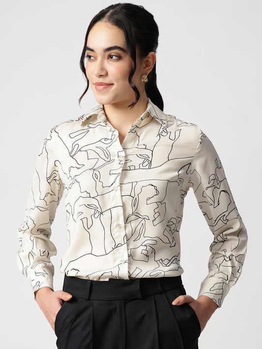 Abstract Beige Satin Spread Collar Shirt