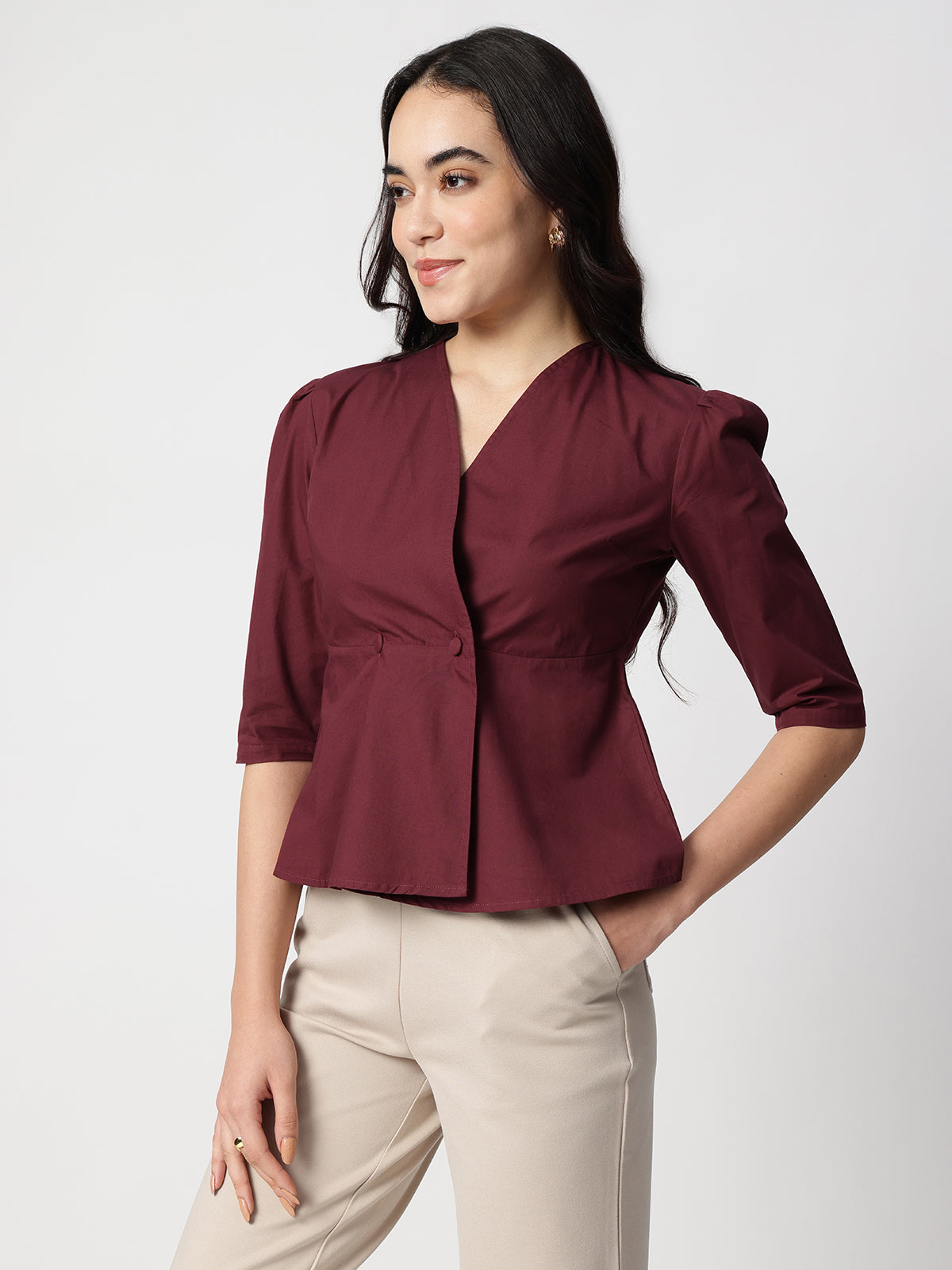 Maroon Cotton Collarless Shirt