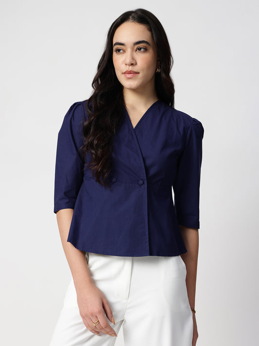Navy Blue Cotton Collarless Shirt