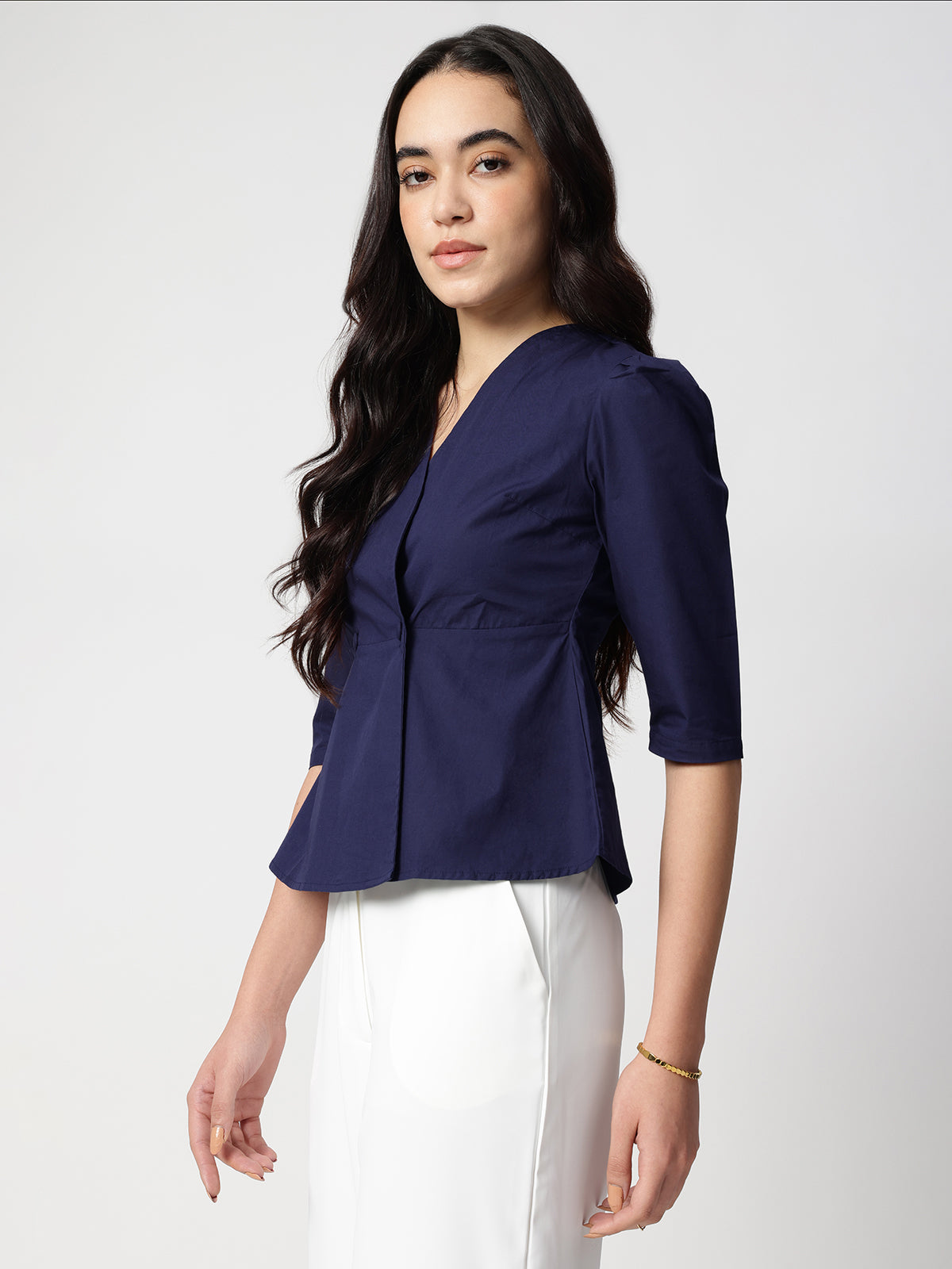 Navy Blue Cotton Collarless Shirt
