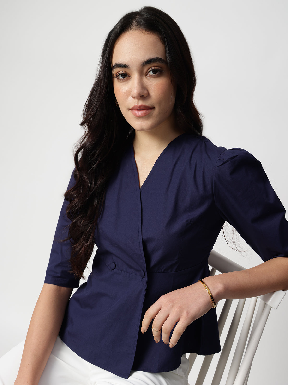 Navy Blue Cotton Collarless Shirt
