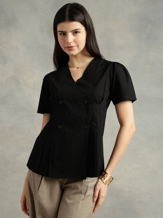 Black Cotton Collarless Short Sleeves Shirt
