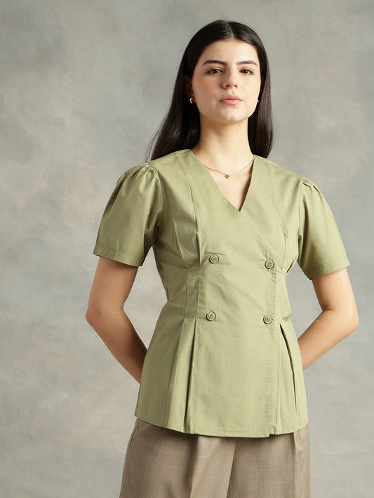 Olive Cotton Collarless Short Sleeves Shirt