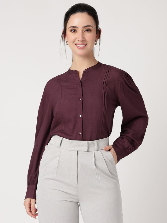Wine Mandarin Collar Long Sleeves Shirt