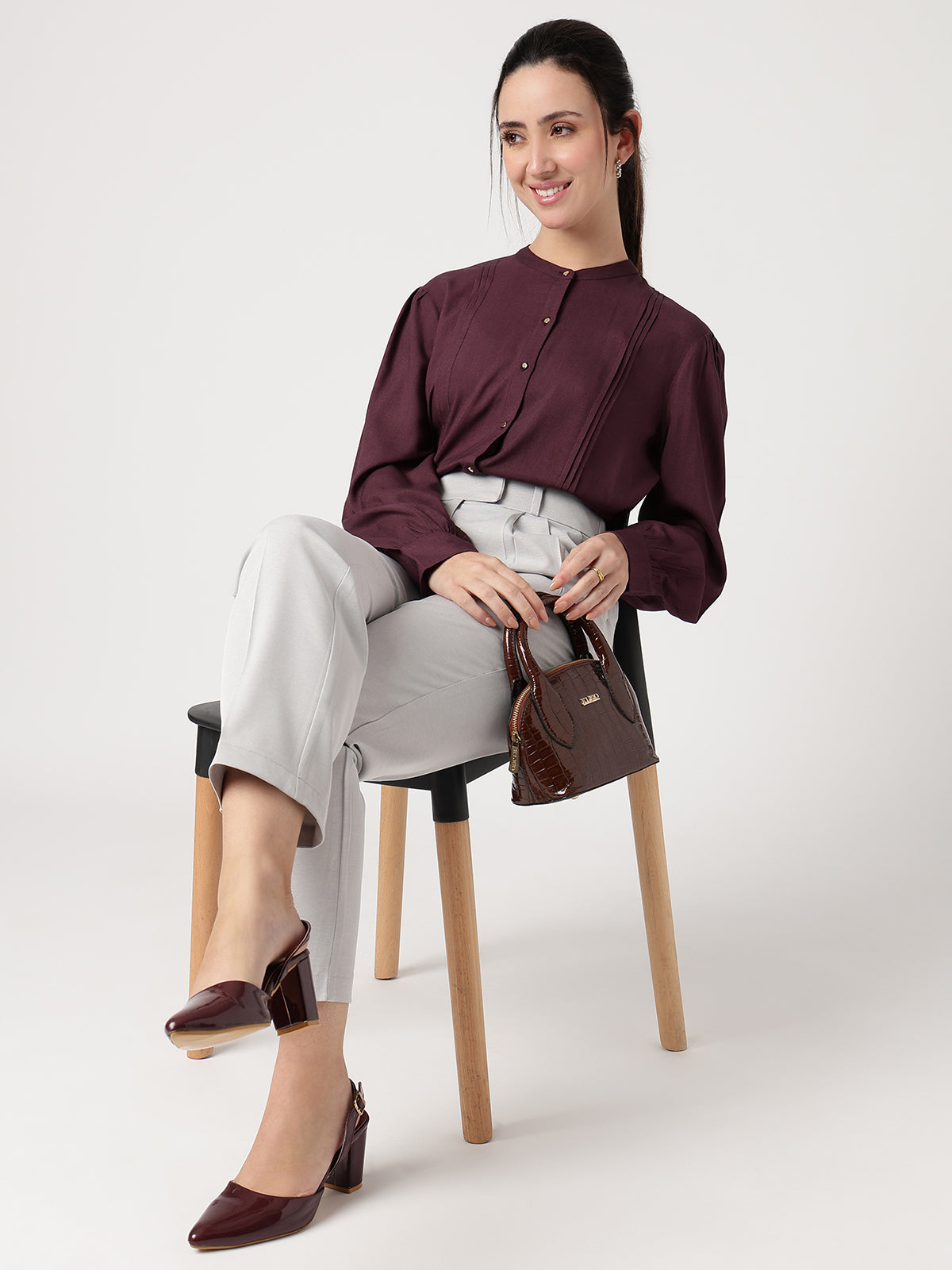 Wine Mandarin Collar Long Sleeves Shirt