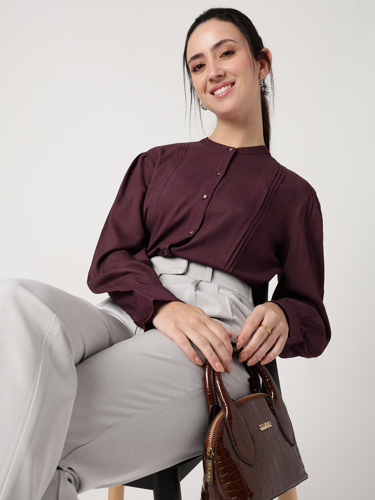 Wine Mandarin Collar Long Sleeves Shirt