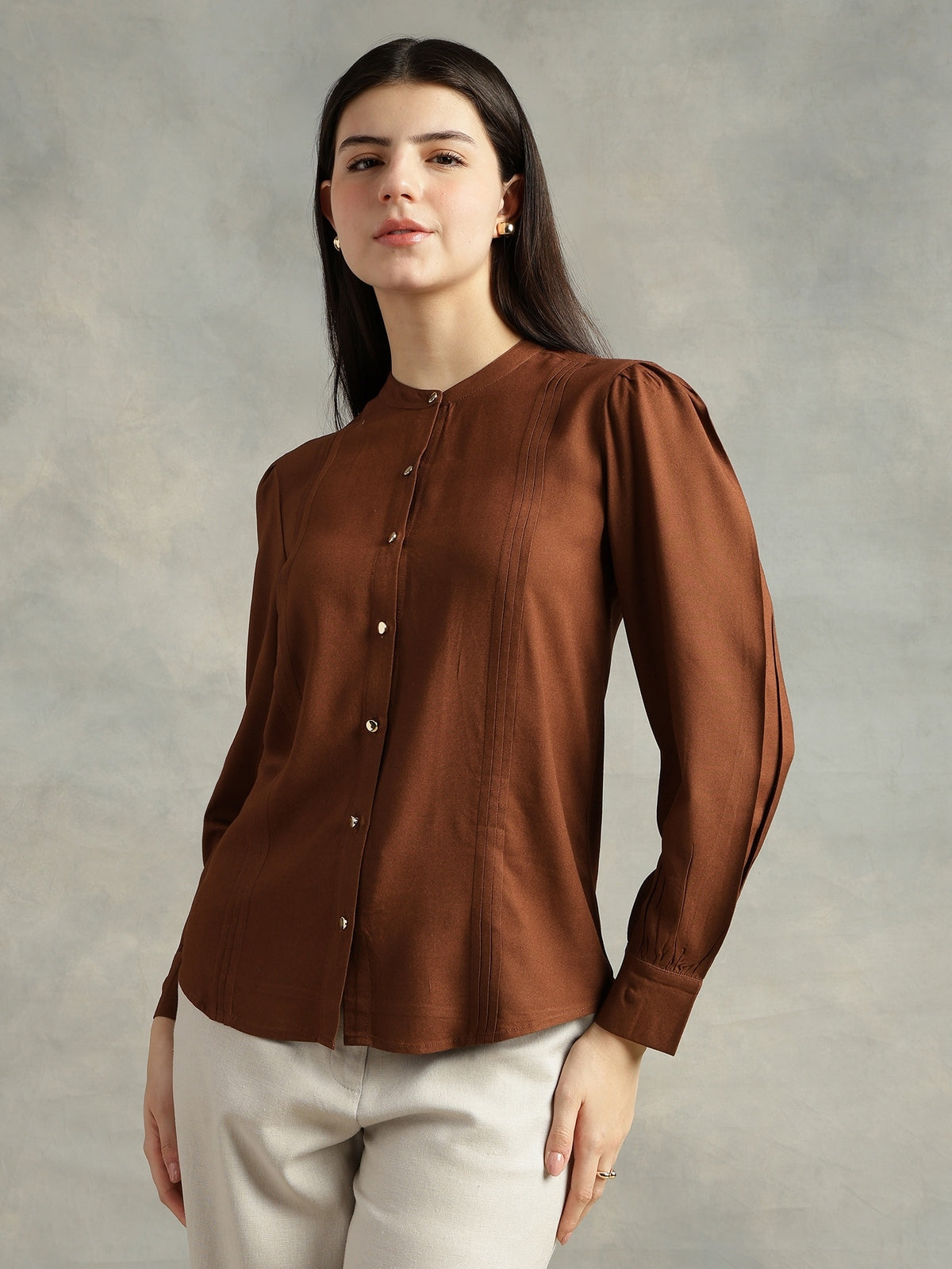 Brown Mandarin Collar Long Sleeves Shirt