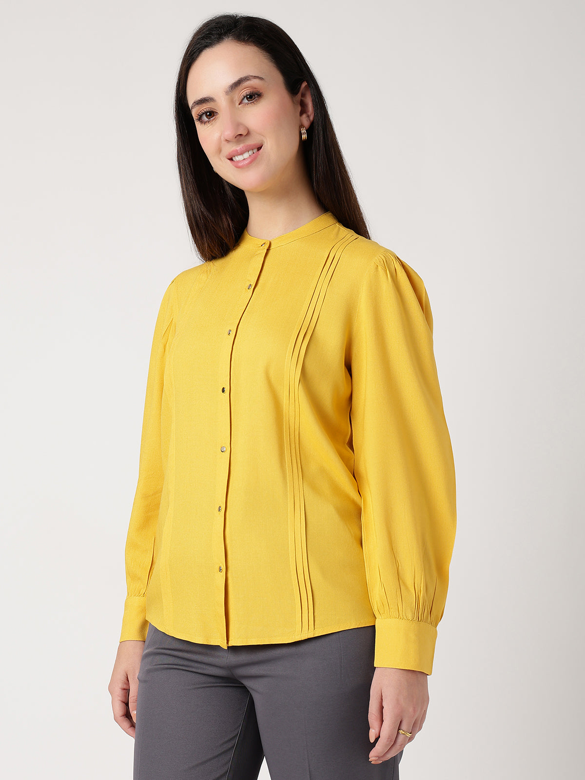 Yellow Mandarin Collar Long Sleeves Shirt