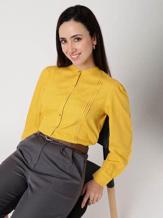 Yellow Mandarin Collar Long Sleeves Shirt