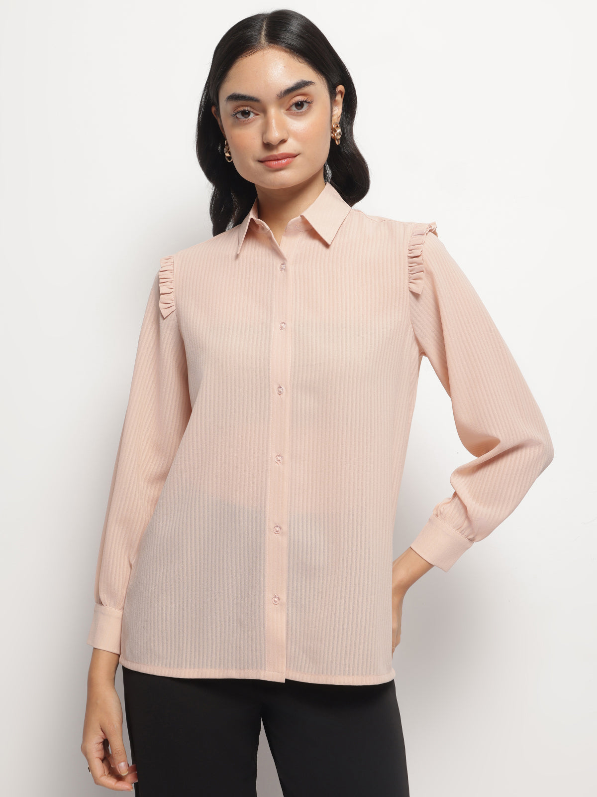 Peach Ruffle Shoulder Semi Sheer Shirt