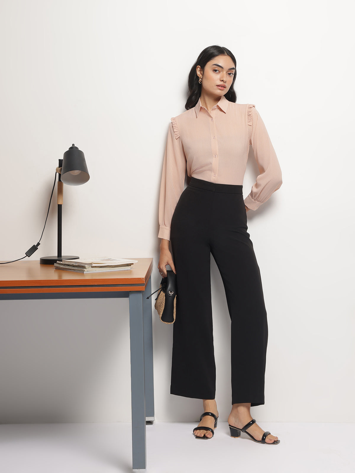 Peach Ruffle Shoulder Semi Sheer Shirt