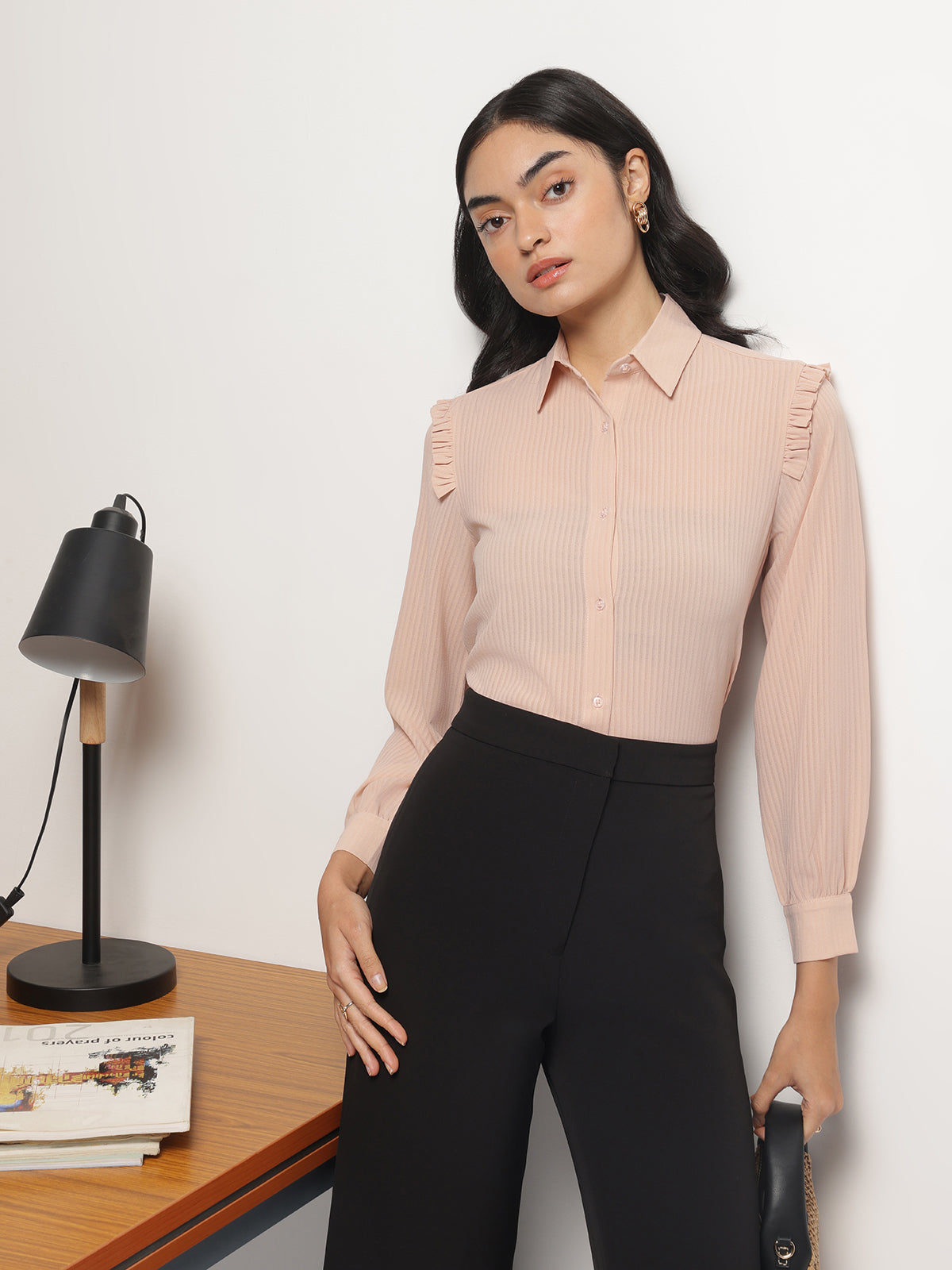 Peach Ruffle Shoulder Semi Sheer Shirt