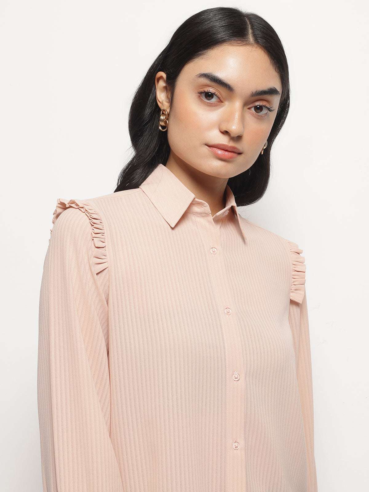 Peach Ruffle Shoulder Semi Sheer Shirt