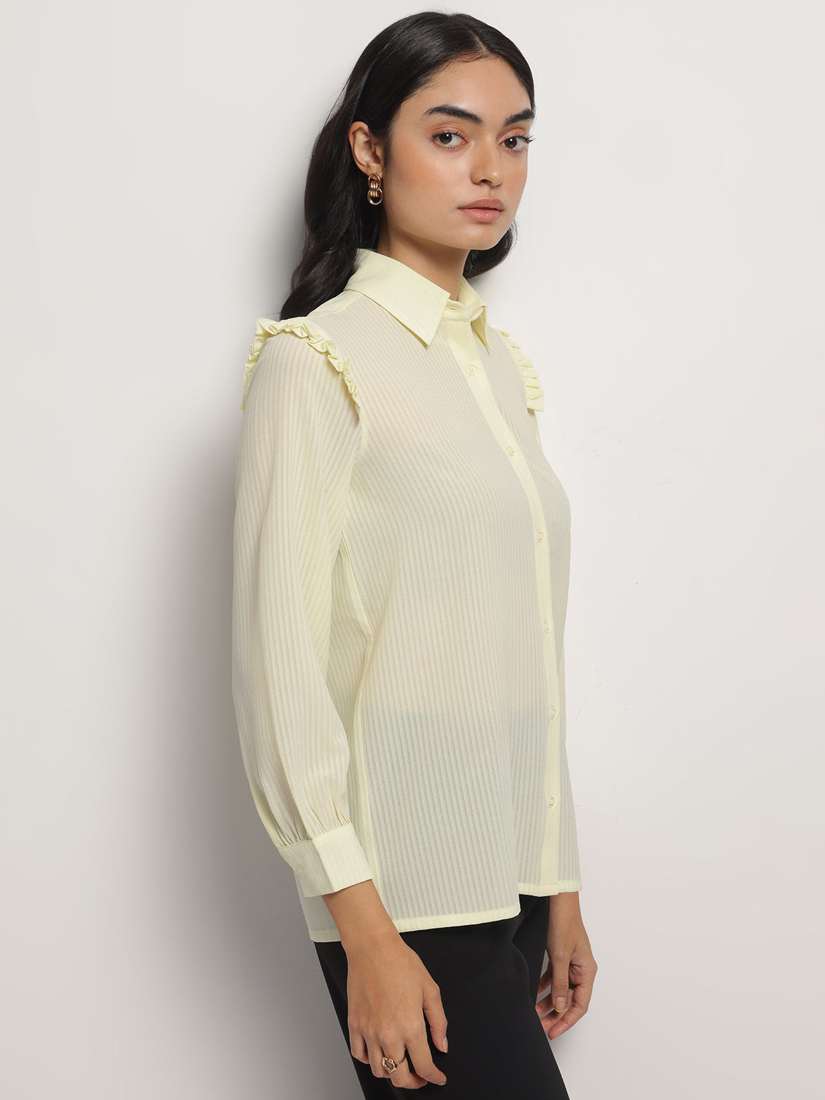 Yellow Ruffle Shoulder Semi Sheer Shirt