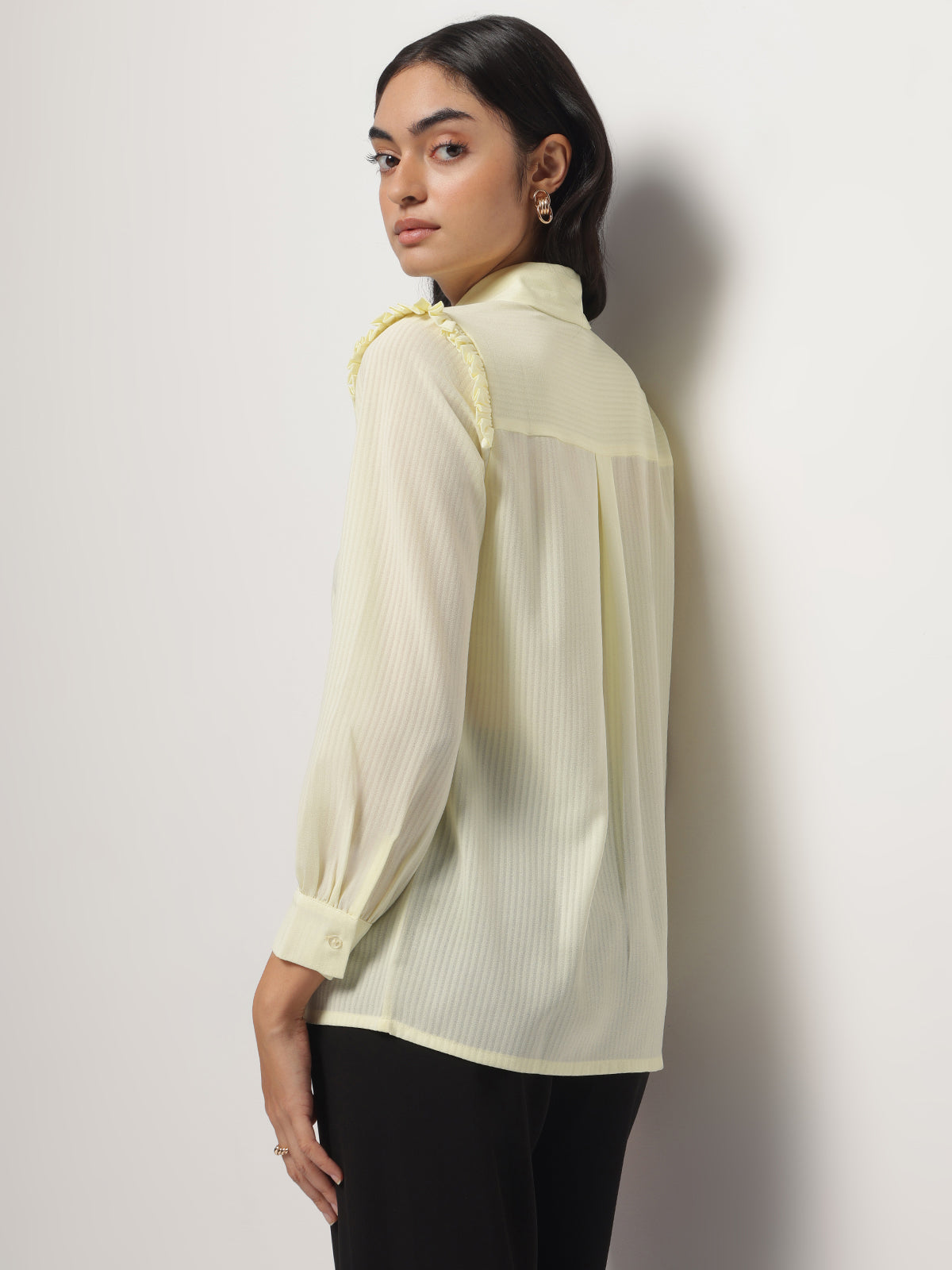 Yellow Ruffle Shoulder Semi Sheer Shirt