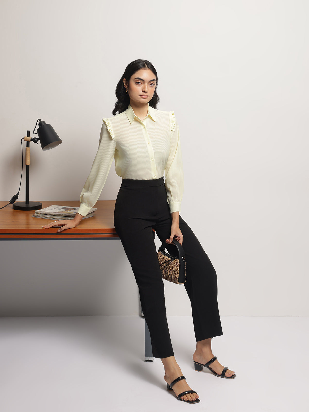 Yellow Ruffle Shoulder Semi Sheer Shirt