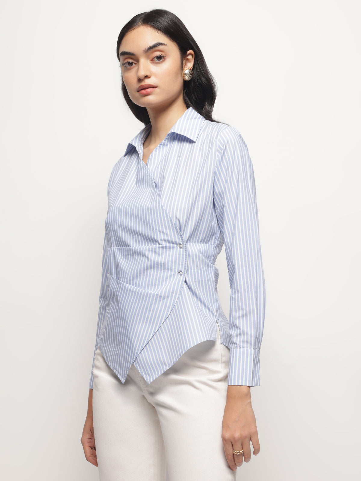 Blue Slimming Stripe Long Sleeves Wrap Shirt