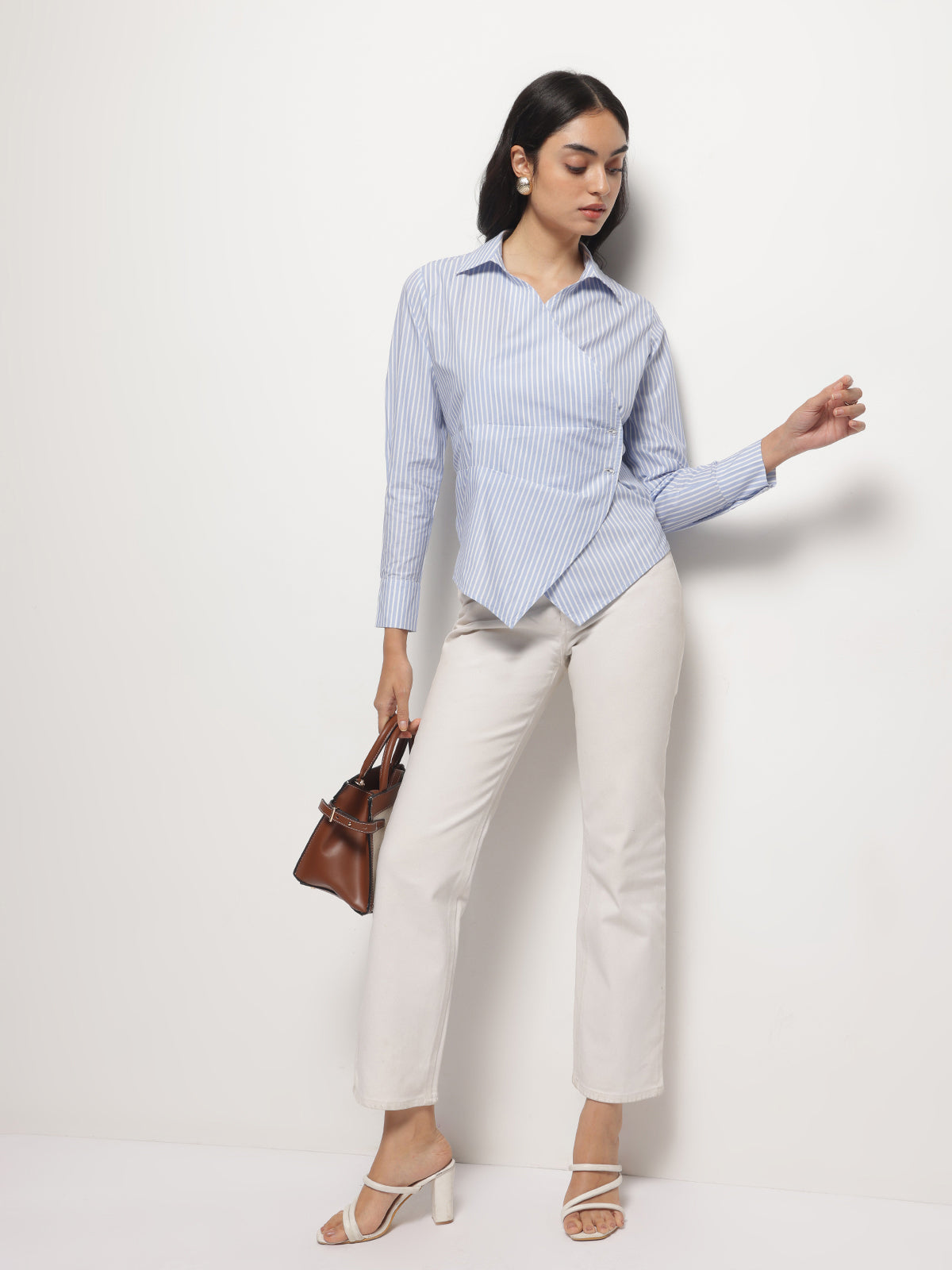 Blue Slimming Stripe Long Sleeves Wrap Shirt