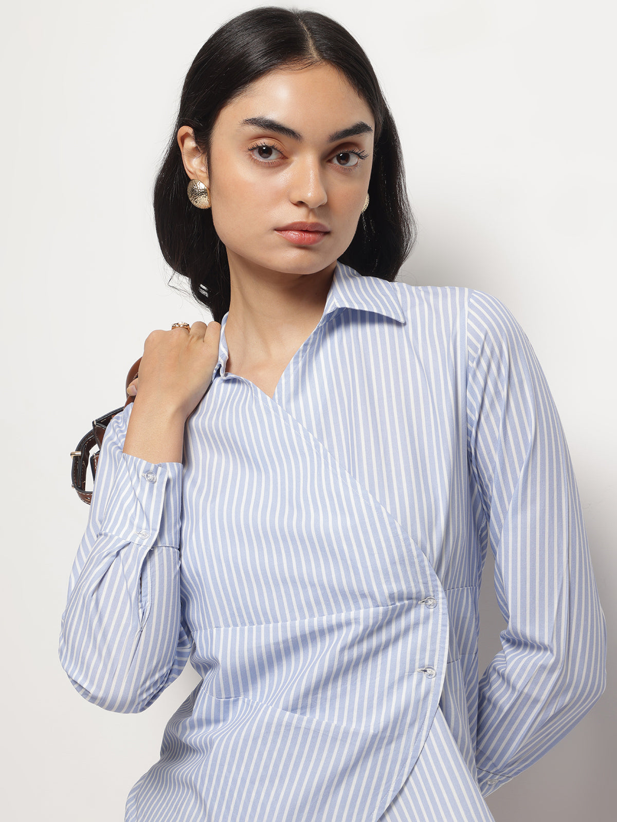 Blue Slimming Stripe Long Sleeves Wrap Shirt