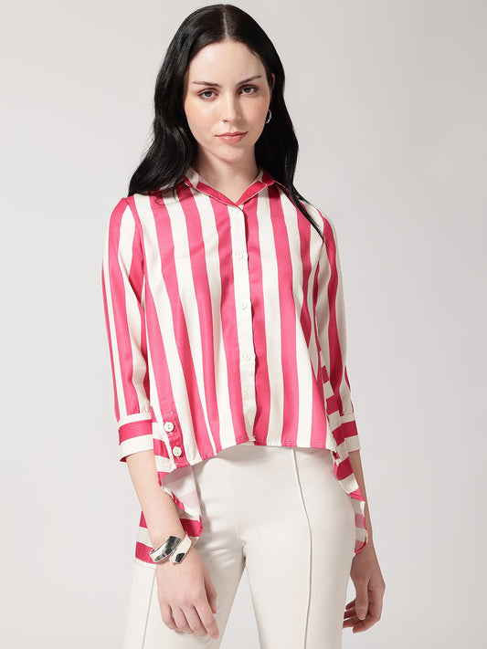 Pink & White Vertical Striped Shirt with High-Low Hem