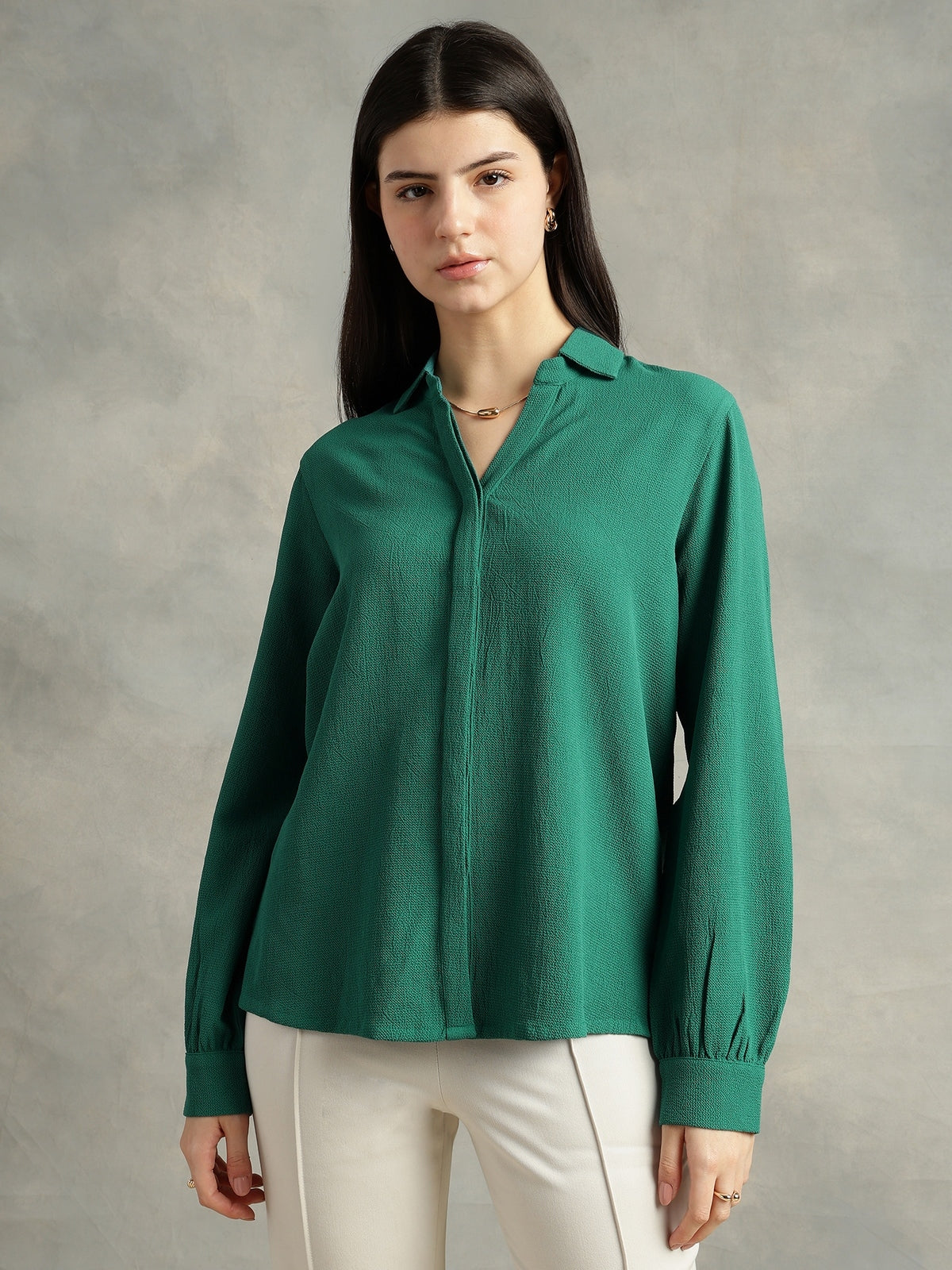 Teal Green Crepe Spread Collar Shirt