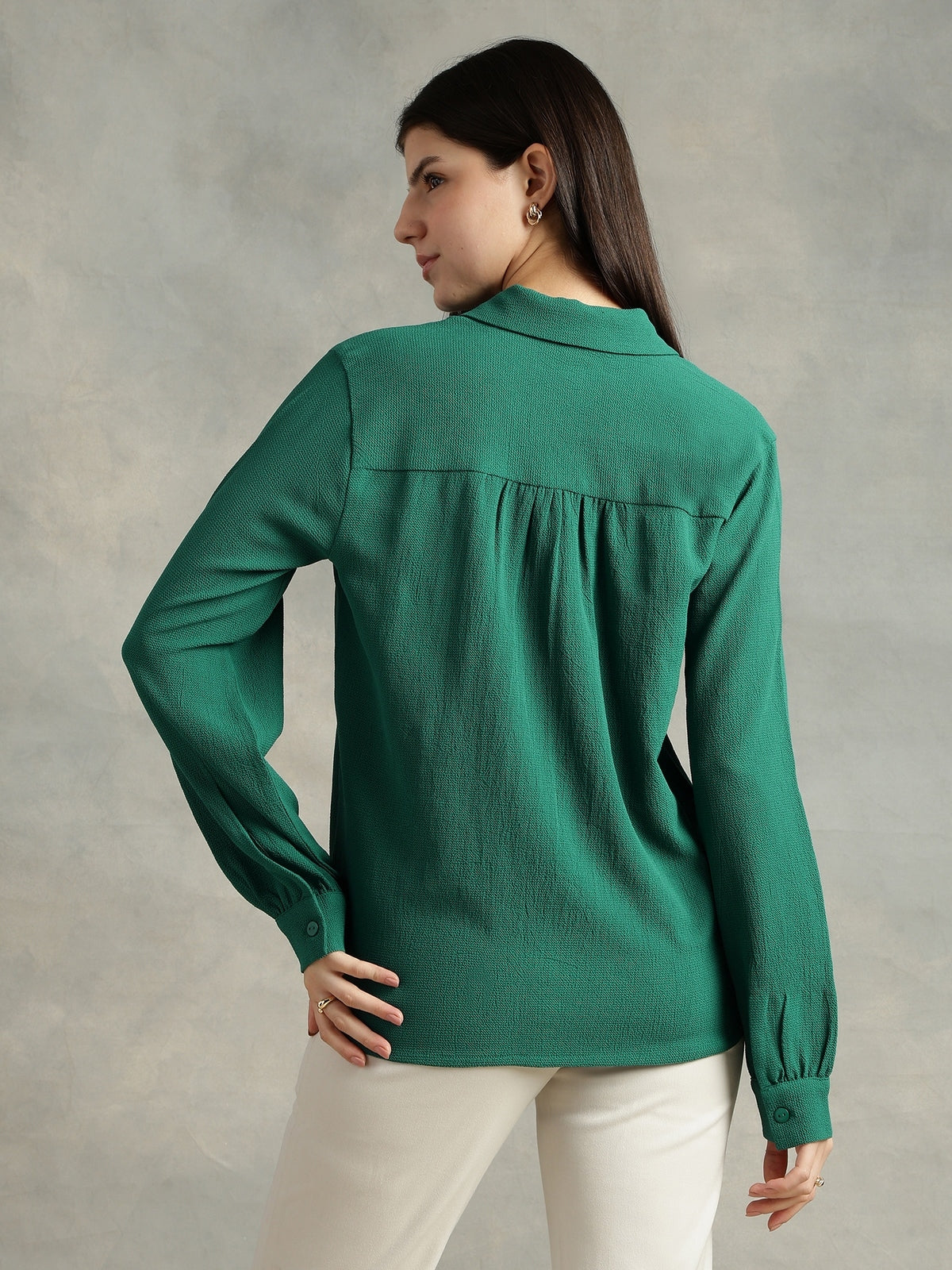 Teal Green Crepe Spread Collar Shirt