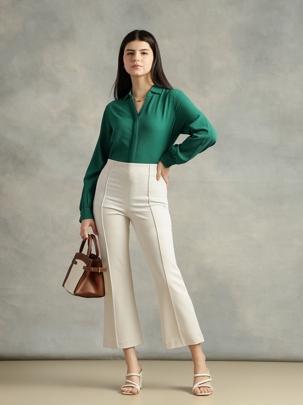 Teal Green Crepe Spread Collar Shirt