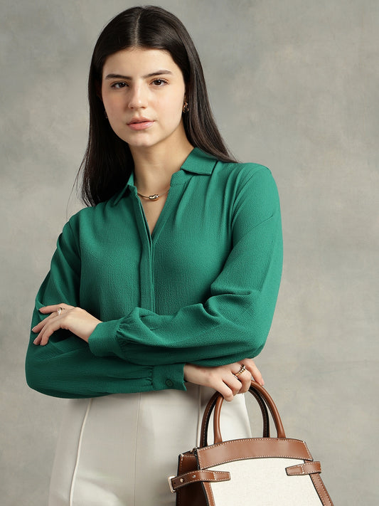 Teal Green Crepe Spread Collar Shirt