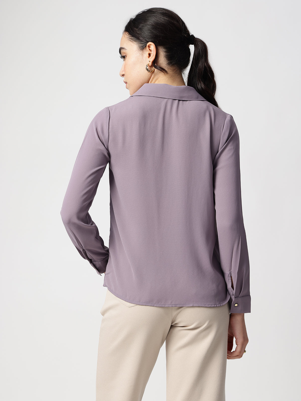 Purple Cuban Collar Long Sleeves Top