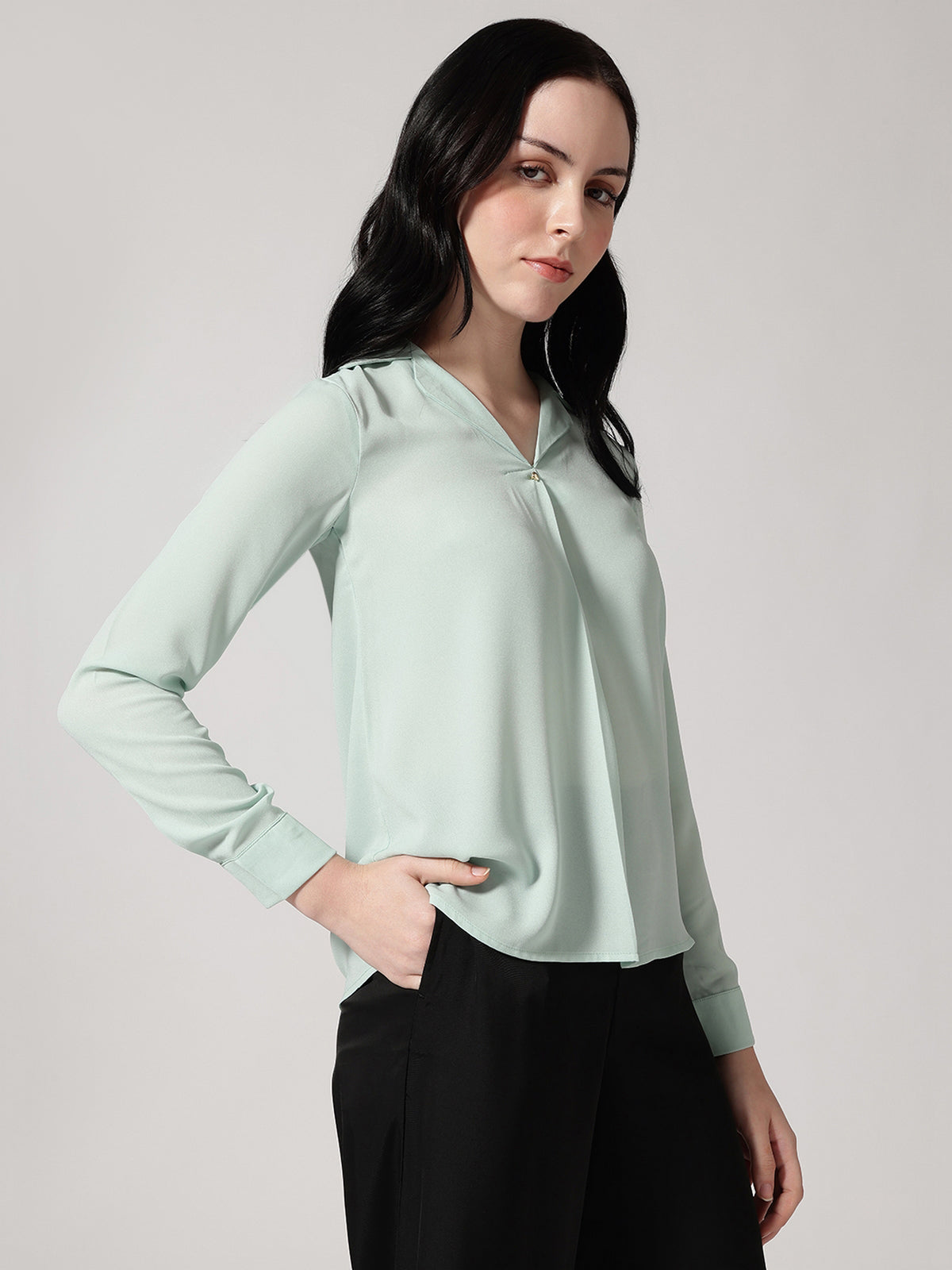 Mint Cuban Collar Long Sleeves Top