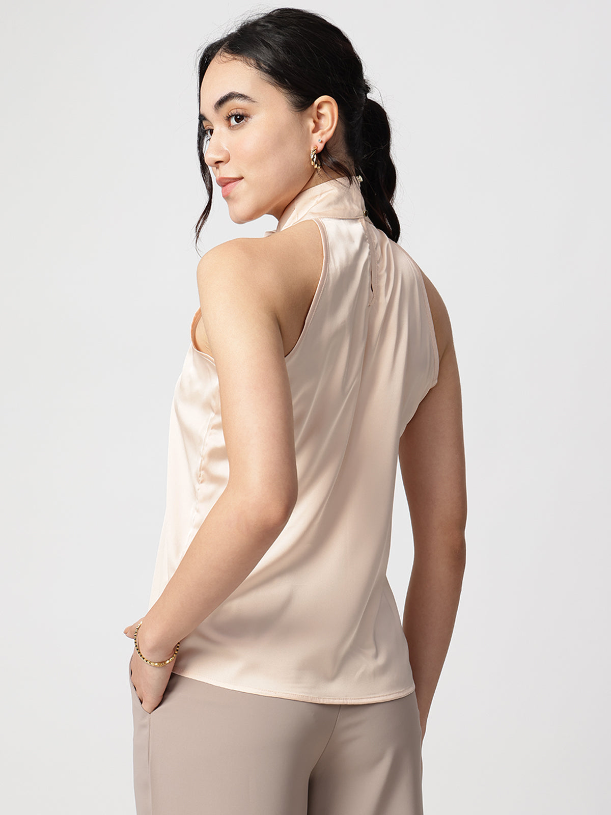 Beige Satin Halter Neck Sleeveless Top