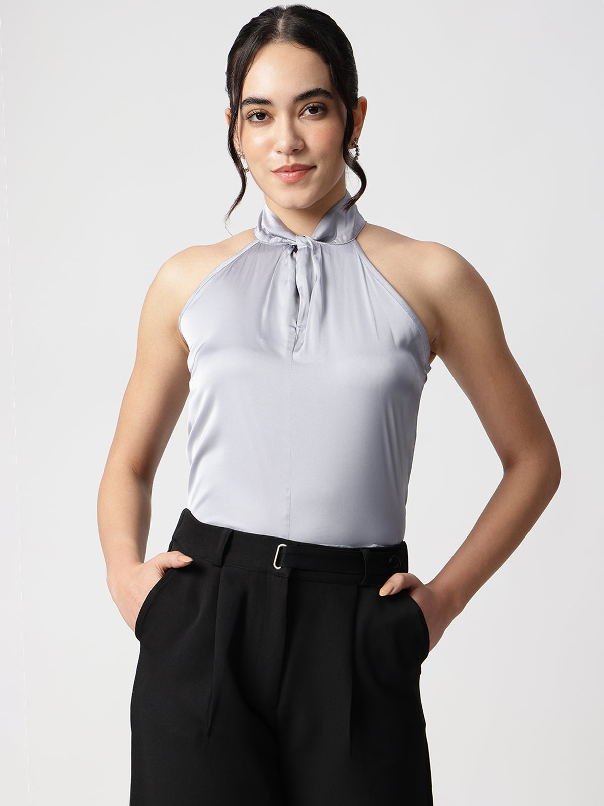 Grey Satin Halter Neck Sleeveless Top