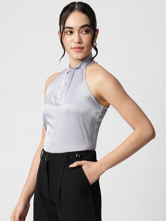 Grey Satin Halter Neck Sleeveless Top